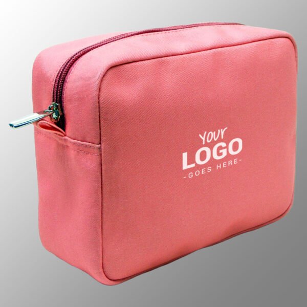 canvas cosmetic bag with satin lining inside and zip top closure