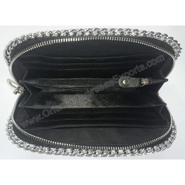 inside view of luxury print leather purse with chain