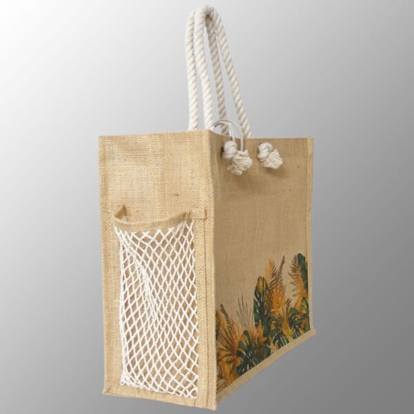 Digitally Printed Luxury Jute Bag with Side Pocket # 2479