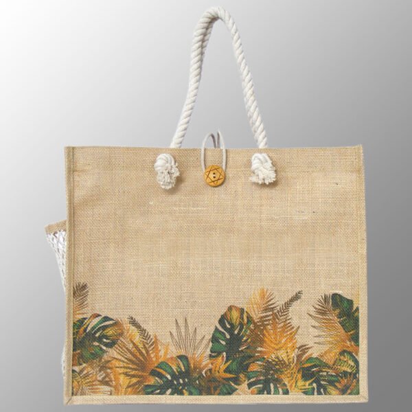 Digitally Printed Luxury Jute Bag with Side Pocket # 2479