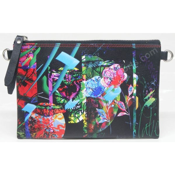 Digitally Printed and Embroidered Real Leather Pouch with zipper