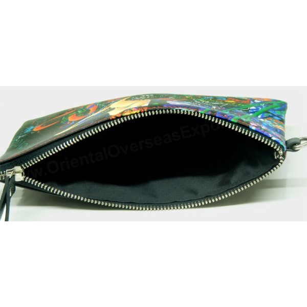 Digitally Printed and Embroidered Real Leather Pouch with zipper